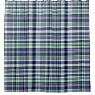 Mint, Navy Blue, White Preppy Madras Plaid Shower Curtain