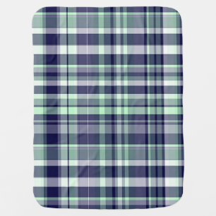 Mint, Navy Blue, White Preppy Madras Plaid Swaddle Blanket