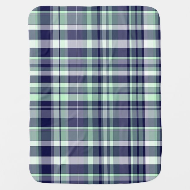 Mint, Navy Blue, White Preppy Madras Plaid Swaddle Blanket (Front)