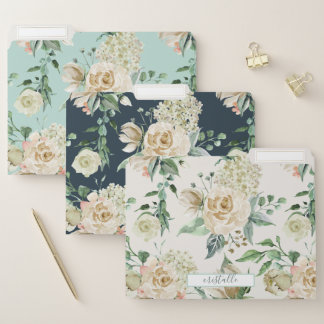 Mint Navy & Cream Vintage Watercolor Floral Name File Folder