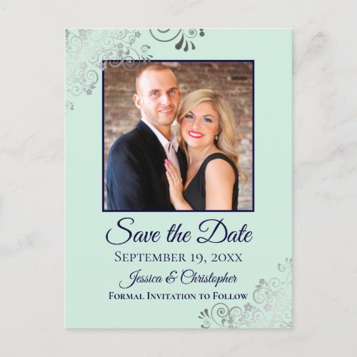 Mint  Navy Frilly Wedding Save the Date Photo Announcement Postcard