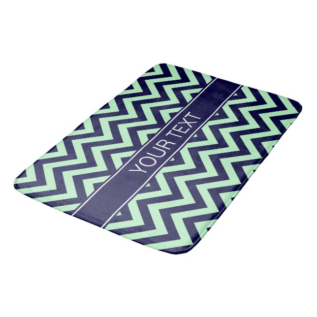 Mint Navy LG Chevron Navy Blue Name Monogram Bathroom Mat (Angled)
