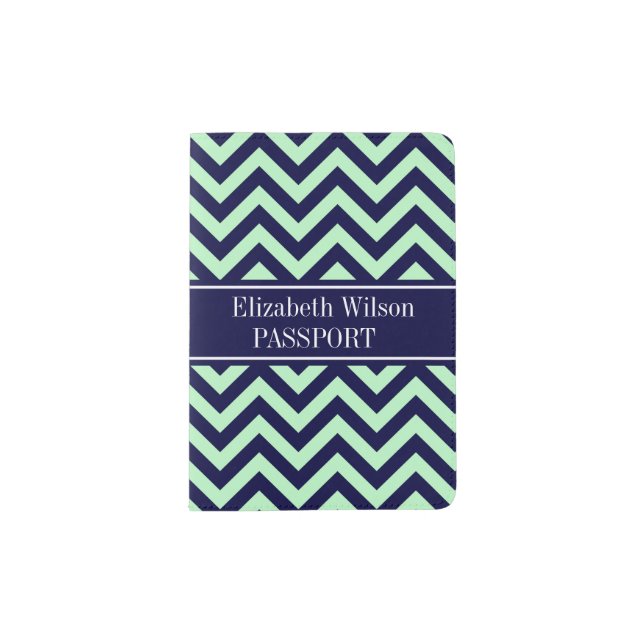 Mint Navy LG Chevron Navy Blue Name Monogram Passport Holder (Front)