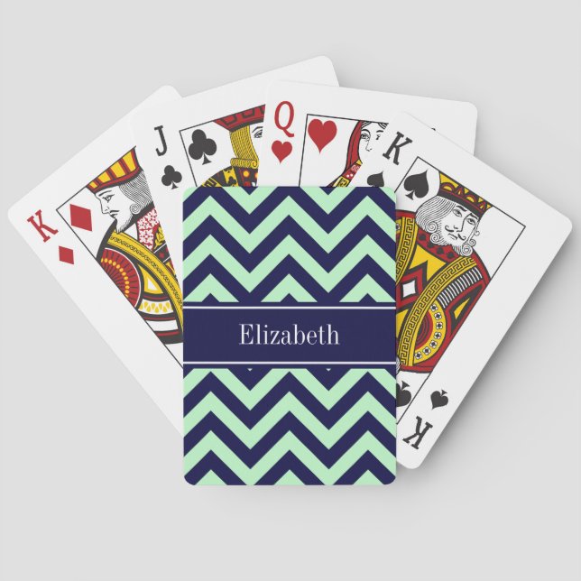 Mint Navy LG Chevron Navy Blue Name Monogram Poker Cards (Back)