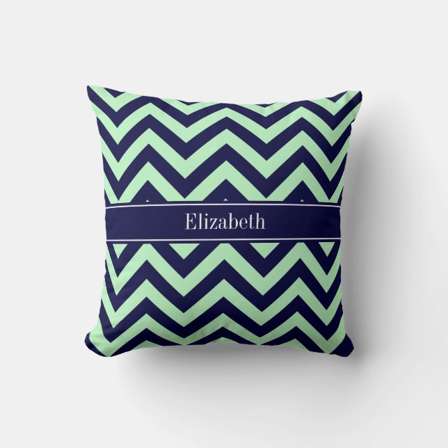 Mint Navy LG Chevron Navy Blue Name Monogram Throw Pillow (Front)