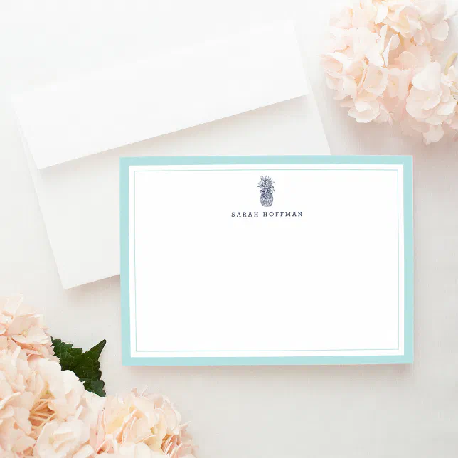 Mint & Navy Pineapple Personalized Stationery Flat Note Card | Zazzle