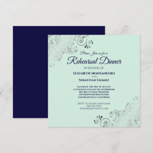 Mint Navy & Silver Wedding Rehearsal Dinner Square Invitation