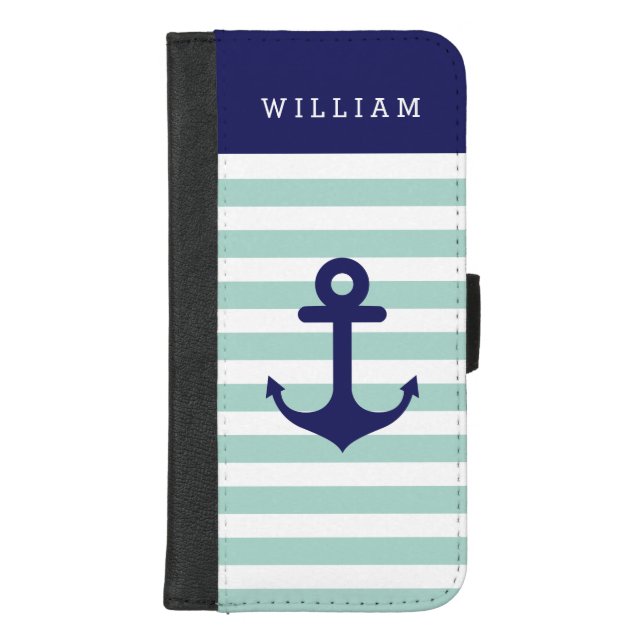 Mint Navy Strips - Classy Nautical Anchor Monogram iPhone Wallet Case (Front)