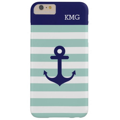 Mint Navy Strips Pattern Nautical Anchor Monogram Barely There iPhone 6 Plus Case