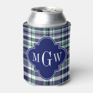 Mint Navy White Preppy Madras Quatrefoil Monogram Can Cooler