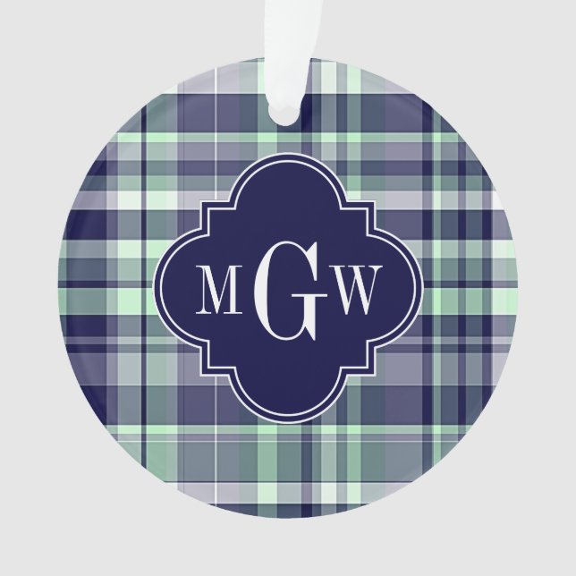 Mint Navy White Preppy Madras Quatrefoil Monogram Ornament (Front)