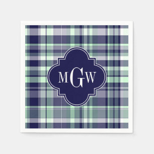 Mint Navy White Preppy Madras Quatrefoil Monogram Paper Napkins