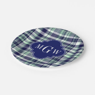 Mint Navy White Preppy Madras Quatrefoil Monogram Paper Plates