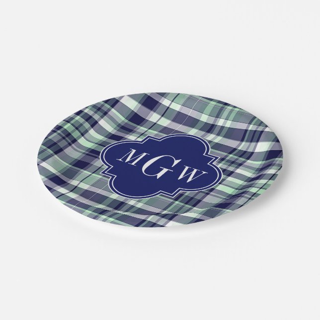 Mint Navy White Preppy Madras Quatrefoil Monogram Paper Plates (Angled)