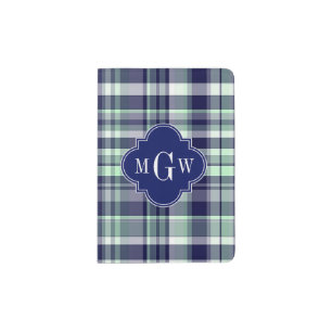 Mint Navy White Preppy Madras Quatrefoil Monogram Passport Holder