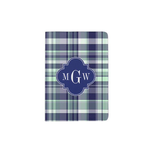 Mint Navy White Preppy Madras Quatrefoil Monogram Passport Holder (Front)