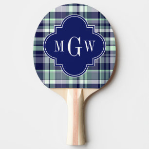 Mint Navy White Preppy Madras Quatrefoil Monogram Ping Pong Paddle