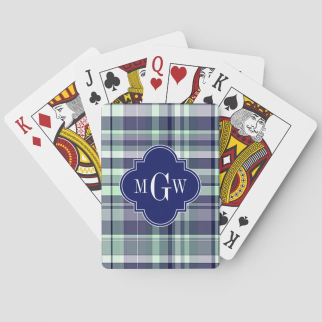 Mint Navy White Preppy Madras Quatrefoil Monogram Poker Cards (Back)