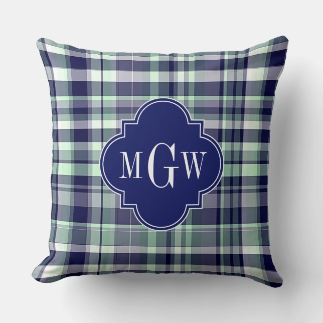 Mint Navy White Preppy Madras Quatrefoil Monogram Throw Pillow (Front)