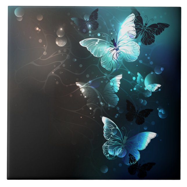 Mint Night Butterflies Ceramic Tile (Front)