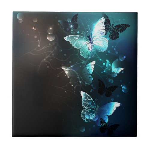 Mint Night Butterflies Ceramic Tile