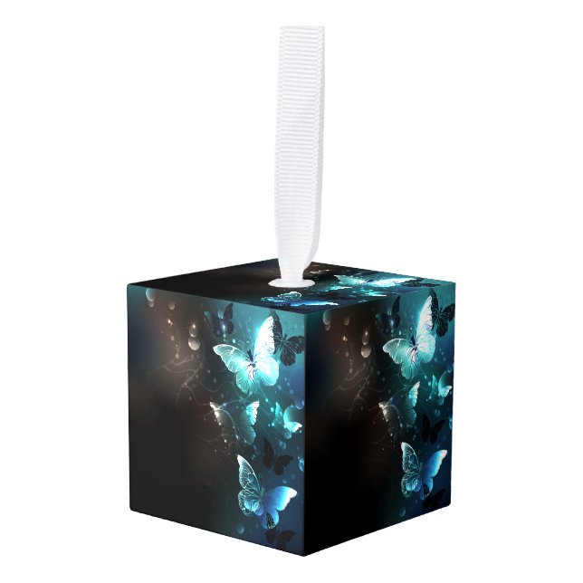 Mint Night Butterflies Cube Ornament (Front Angled)