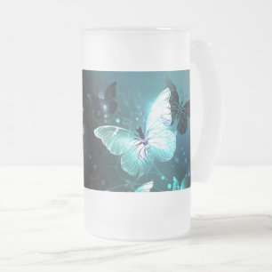 Mint Night Butterflies Frosted Glass Beer Mug