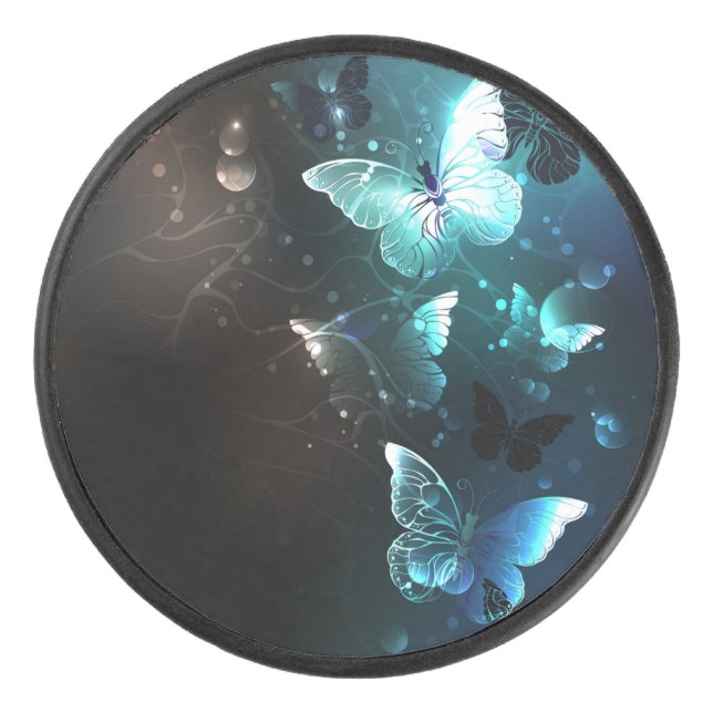 Mint Night Butterflies Hockey Puck (Front)