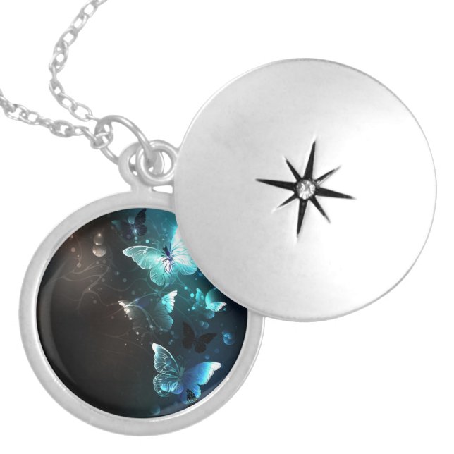 Mint Night Butterflies Locket Necklace (Front)