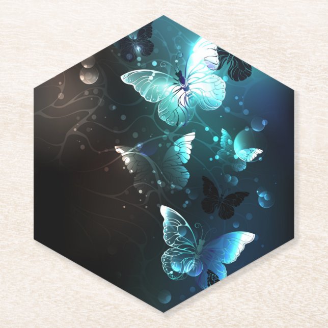 Mint Night Butterflies Paper Coaster (Front)
