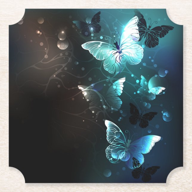 Mint Night Butterflies Paper Coaster (Front)