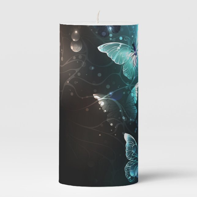 Mint Night Butterflies Pillar Candle (Front)