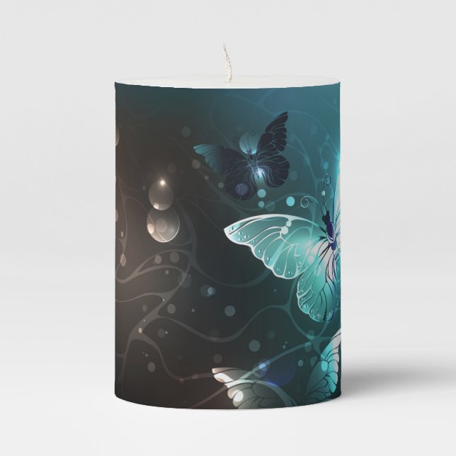Mint Night Butterflies Pillar Candle (Front)