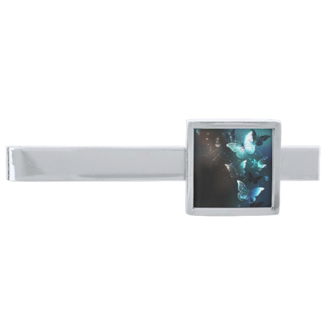 Mint Night Butterflies Silver Finish Tie Bar (Front)