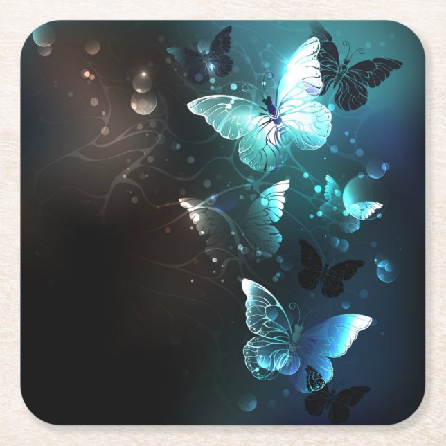 Mint Night Butterflies Square Paper Coaster (Front)