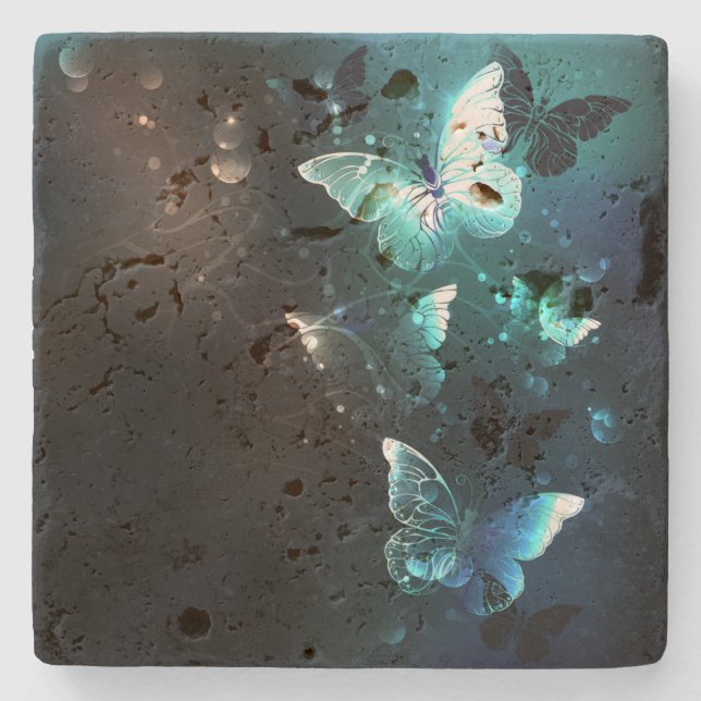 Mint Night Butterflies Stone Coaster (Front)