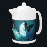 Mint Night Butterflies Teapot<br><div class="desc">Mint night glowing butterflies on black abstract background.</div>