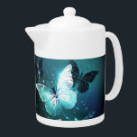 Mint Night Butterflies Teapot<br><div class="desc">Mint night glowing butterflies on black abstract background.</div>