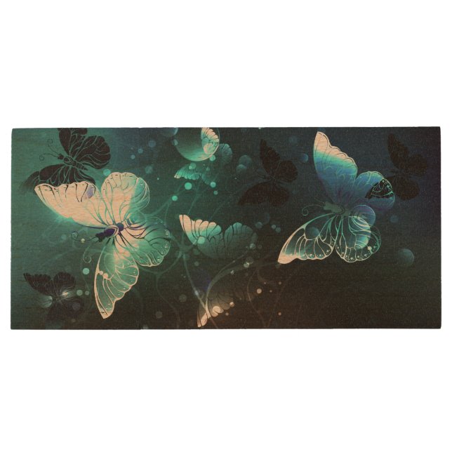 Mint Night Butterflies Wood Flash Drive (Back)