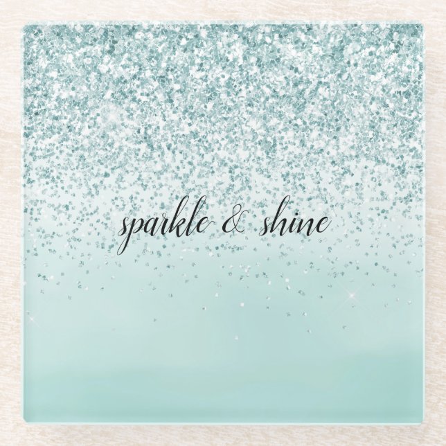 Mint Ombre Glitter personalized Glass Coaster (Front)