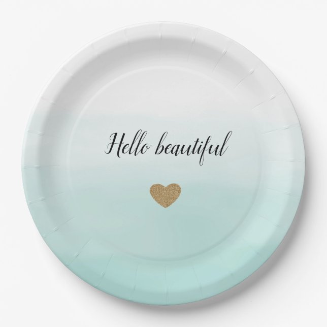 Mint Ombre Gold Glitter Heart personalized Paper Plates (Front)