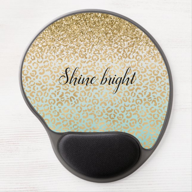 Mint Ombre Gold Glitter Leopard Print Gel Mouse Pad (Front)