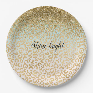 Mint Ombre Gold Glitter Leopard Print Paper Plates