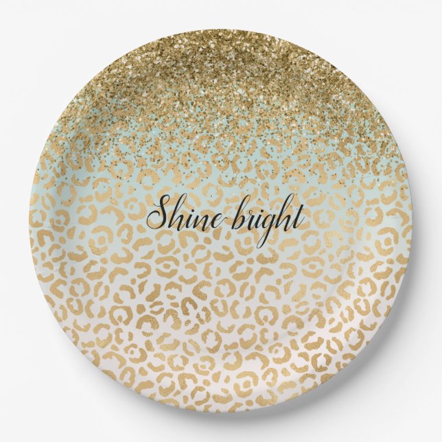 Mint Ombre Gold Glitter Leopard Print Paper Plates (Front)