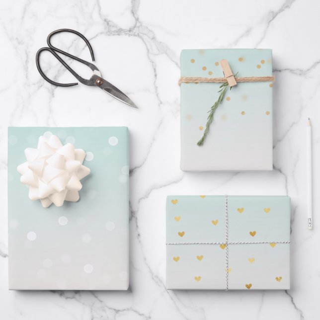 Mint Ombre White Bokeh Confetti Wrapping Paper Sheets (Front)