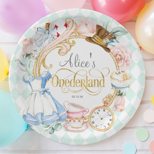 Mint, Onederland, Girl 1st birthday tea party Paper Plates (Teal, Alice Onederland, girl 1st birthday, Mad hatter tea party birthday paper plate.)