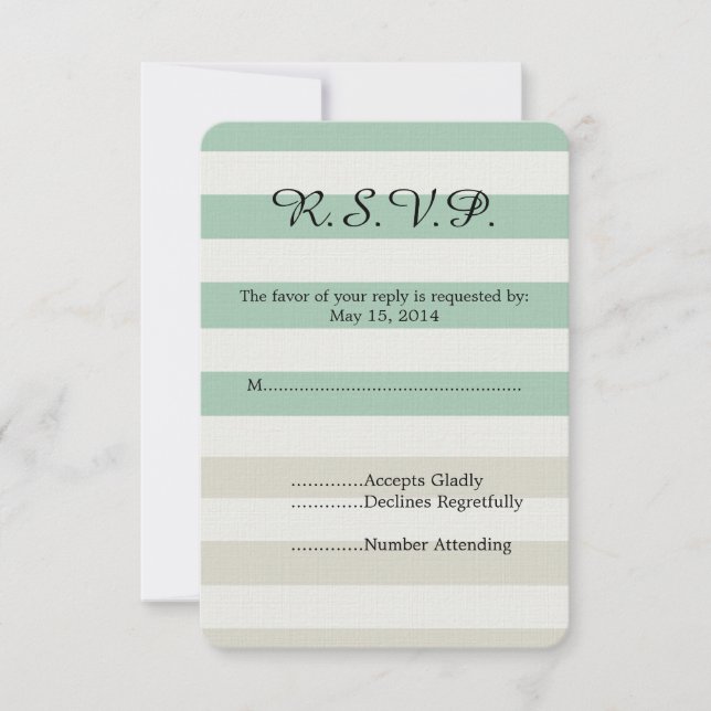 Mint, Pale and White Stripes Wedding RSVP Card (Front)