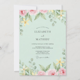 Mint Pale Blush Leafy Wedding Invitation