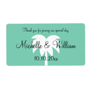 Mint palm tree beach wedding water bottle labels