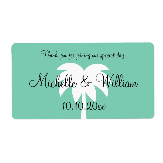 Mint palm tree beach wedding water bottle labels (Front)